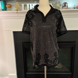 🖤 Barabas Black Crystal Studded Polo Shirt – Size M